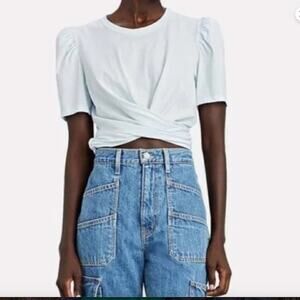 A.L.C. Monica Twist Front Tee NWT Small Light Blue Cotton Cropped Shirred Sleeve